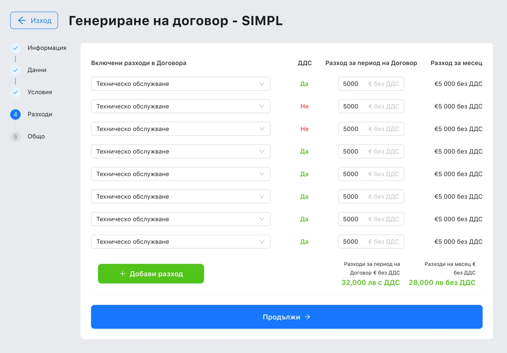 Generating a SIMPL contract, the costs step of five: a list of included costs, each with whether it carries VAT, its cost over the contract and per month, a green button to add a cost, and the two totals