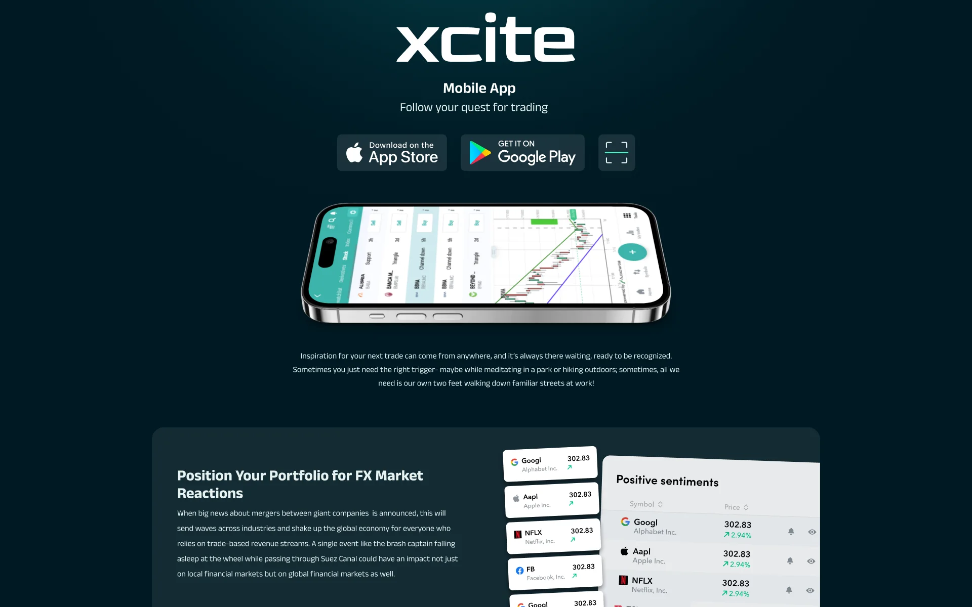 The XCITE mobile app page: the xcite wordmark, store badges and a QR block above a phone held landscape showing a candlestick chart