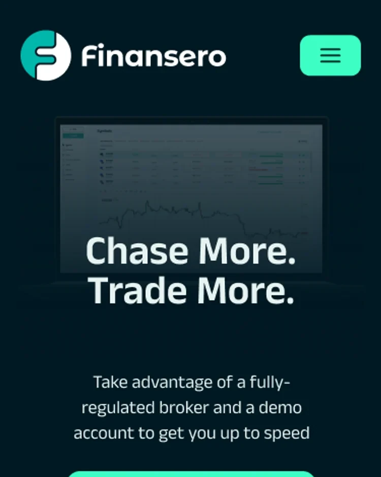 The Finansero homepage: dark navy, the headline “Chase More. Trade More.” over the platform screen, with a mint Sign Up button