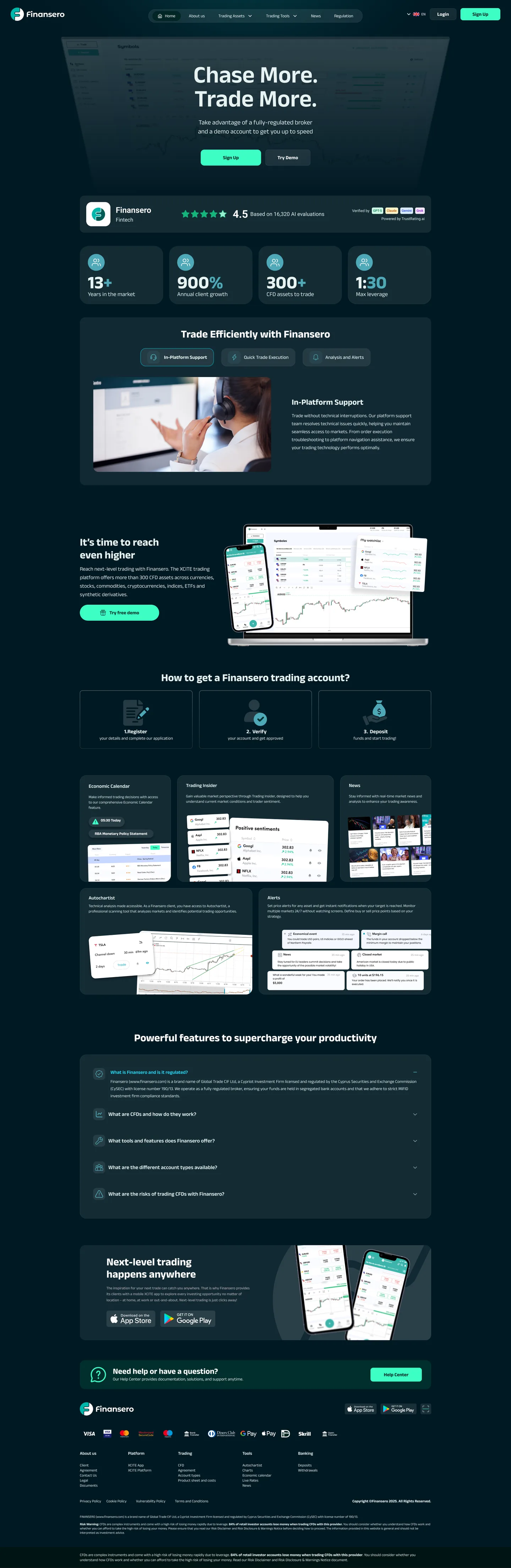 The full Finansero homepage, from the hero to the regulatory footer