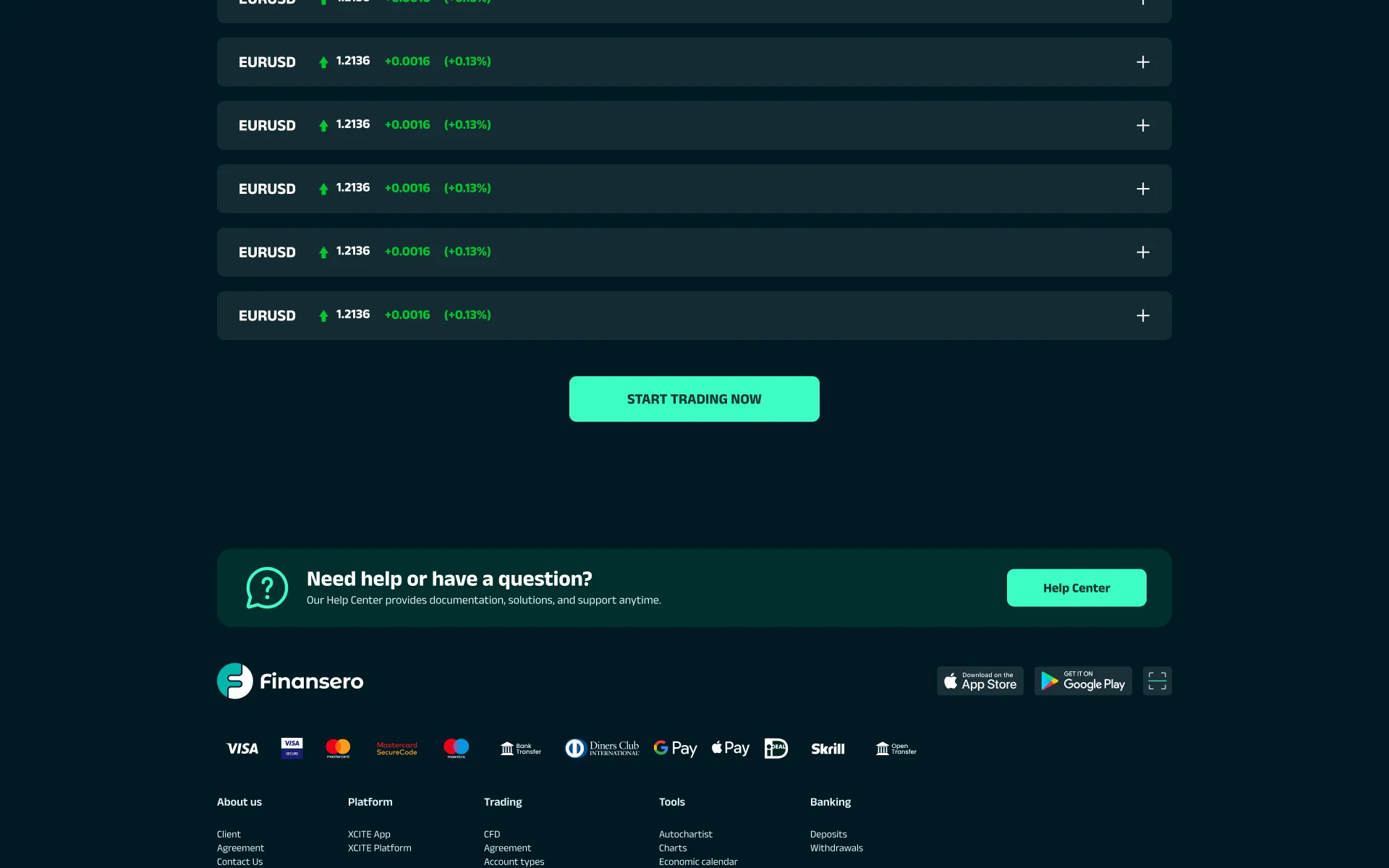 The live rates page: rows of instruments each showing a symbol, an up arrow, a price, an absolute change, a percentage change and an expand control