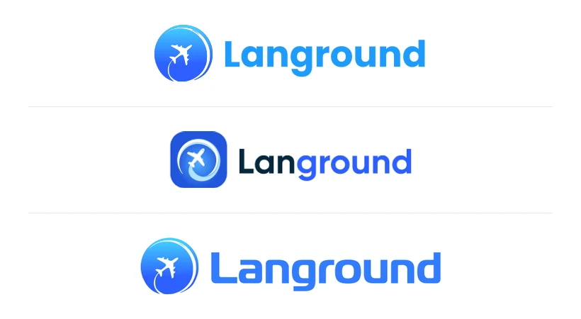 Three Langround lockups: the plane-in-a-circle symbol with a Poppins wordmark in sky blue, the symbol on a rounded blue tile with a two-tone wordmark, and the symbol with a Magistral wordmark in blue