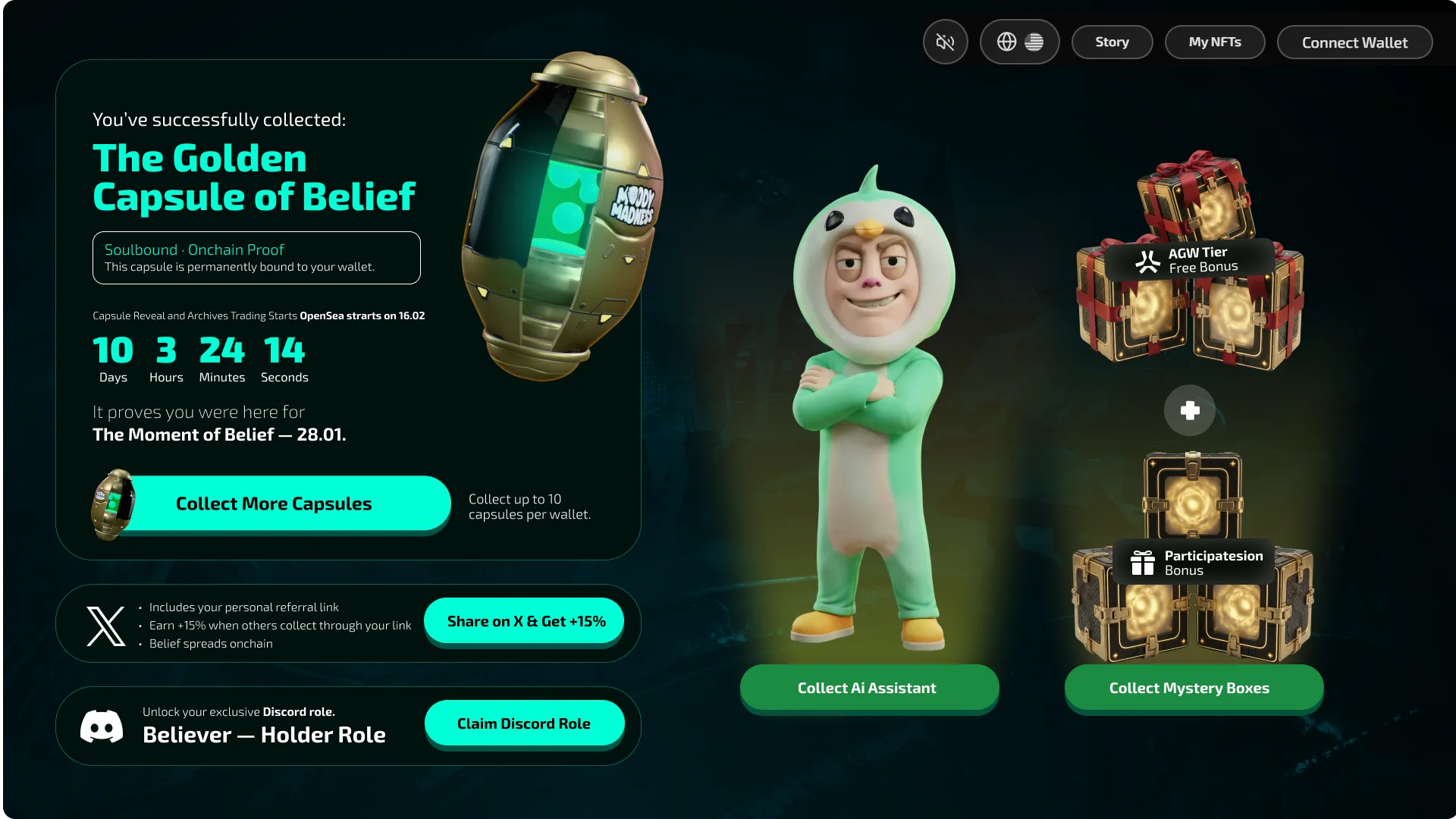 The same page after a ten-Archive collect: a character in a penguin suit over Collect Ai Assistant, and two stacks of mystery boxes — the AGW Tier Free Bonus and a participation bonus — over Collect Mystery Boxes