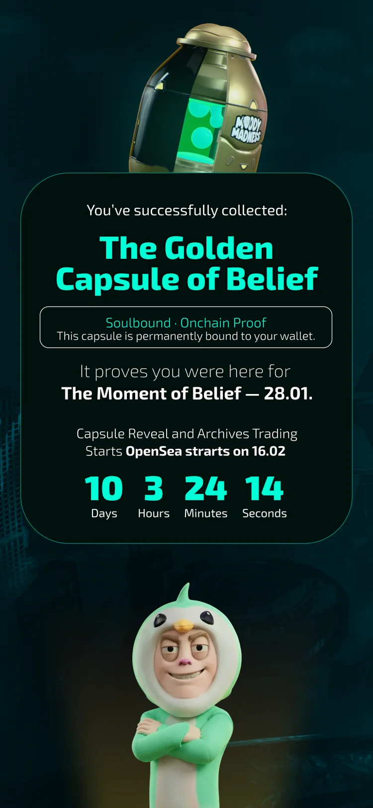 The page after collecting at 385: the capsule, the success message, the soulbound note and the countdown, then the character over Collect Ai Assistant