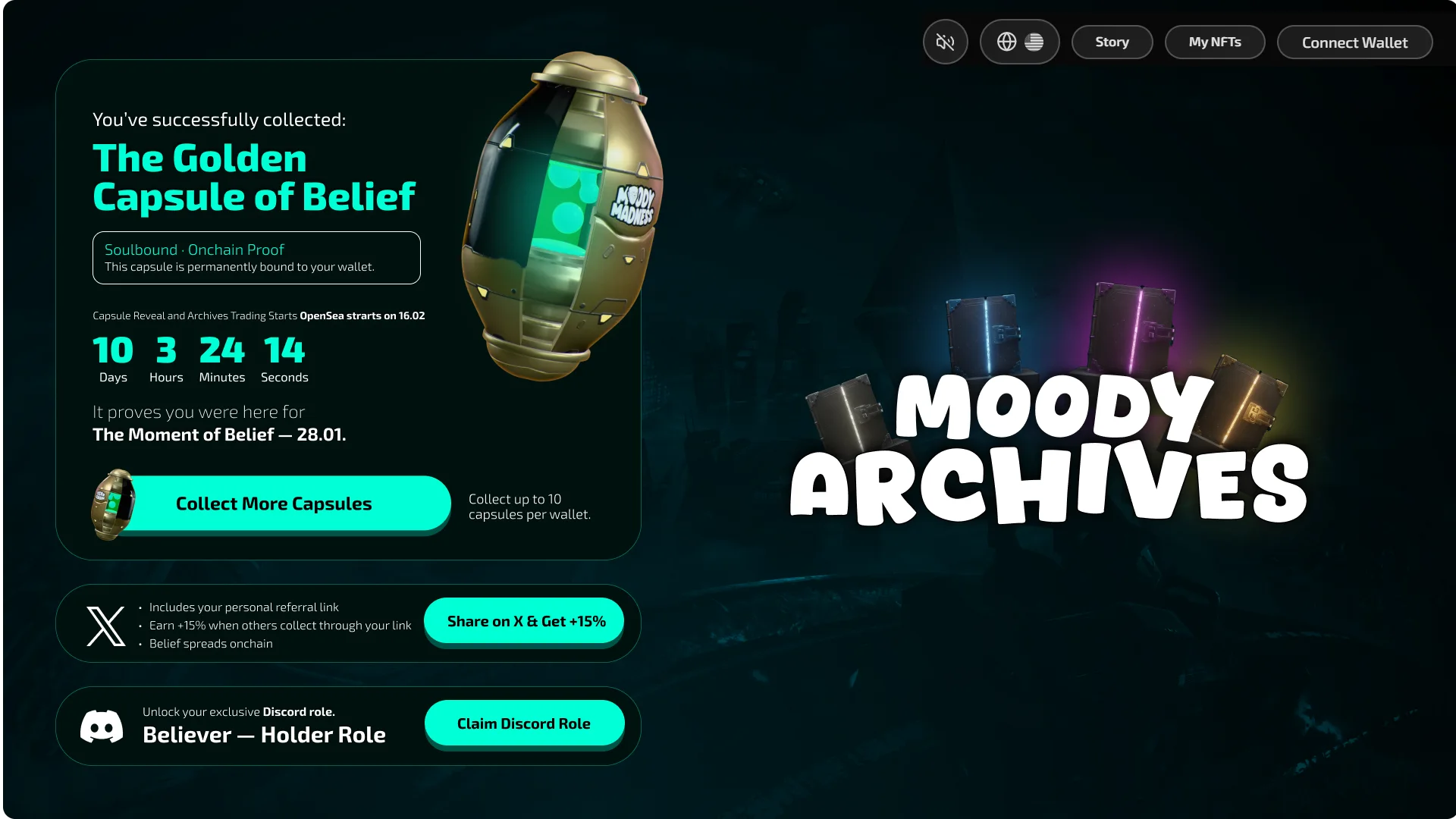 The page after collecting: “You've successfully collected: The Golden Capsule of Belief”, a Soulbound · Onchain Proof note, the countdown to the reveal and OpenSea trading on 16.02, “It proves you were here for The Moment of Belief — 28.01.”, Collect More Capsules beside “Collect up to 10 capsules per wallet”, Share on X & Get +15%, and Claim Discord Role for the Believer holder role