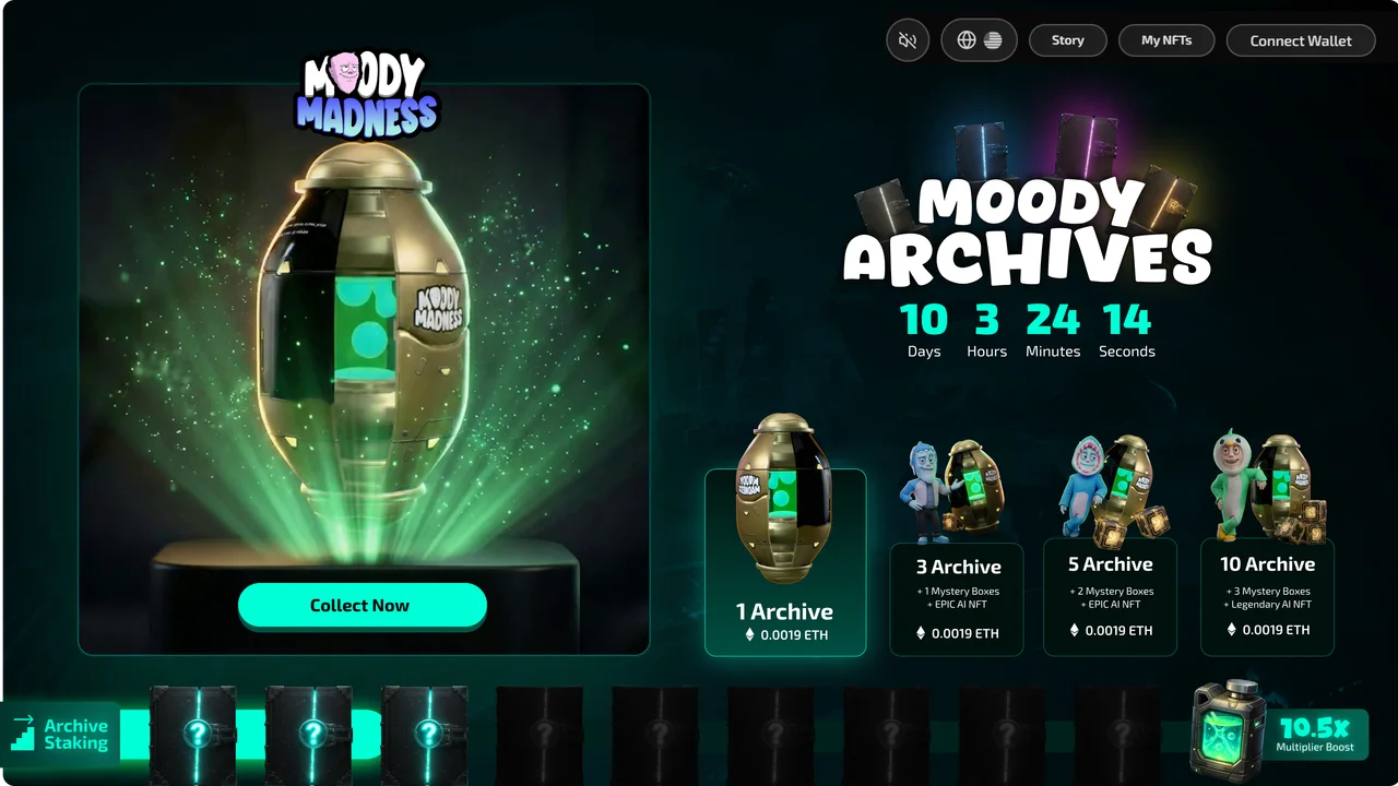 The final page: the golden capsule in the hero with Collect Now, the Moody Archives title over the countdown, four bundle cards — 1, 3, 5 and 10 Archives — each listing its mystery boxes and AI NFT, and the Archive Staking strip ending in a 10.5x multiplier