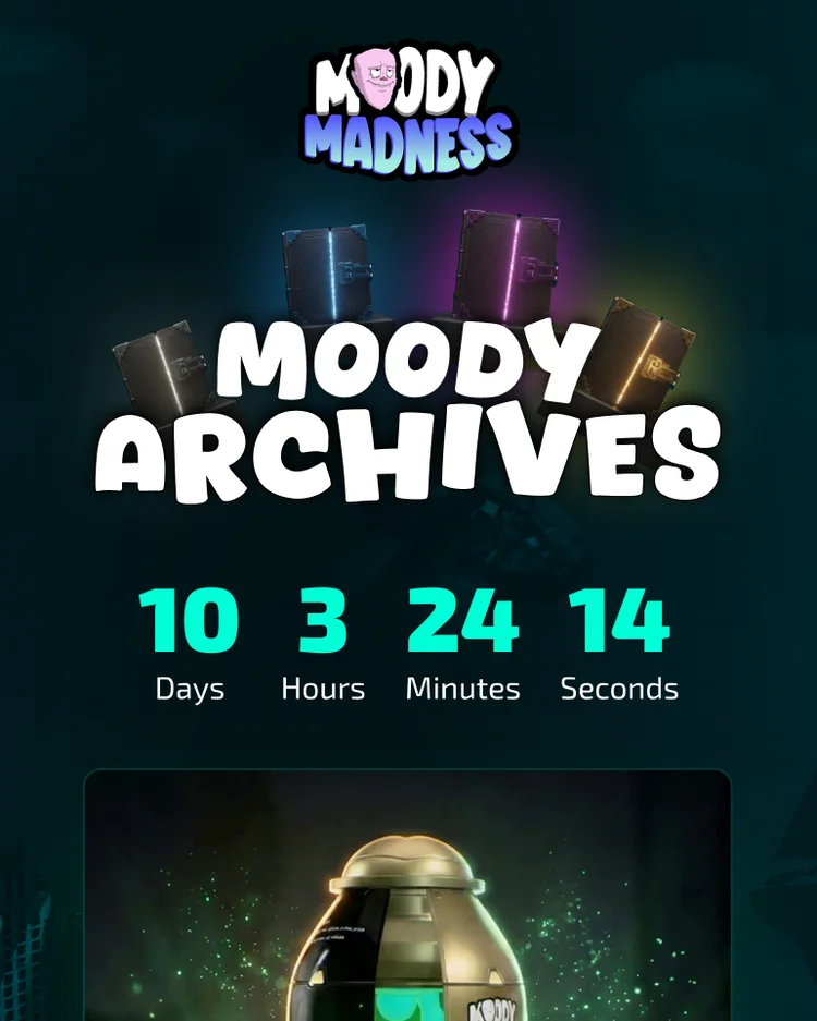The Moody Archives collect page: the golden capsule in the hero with a Collect Now button, the Moody Archives title over a countdown, four bundle cards for 1, 3, 5 and 10 Archives with their mystery boxes and AI NFTs, and the Archive Staking strip ending in a 10.5x multiplier
