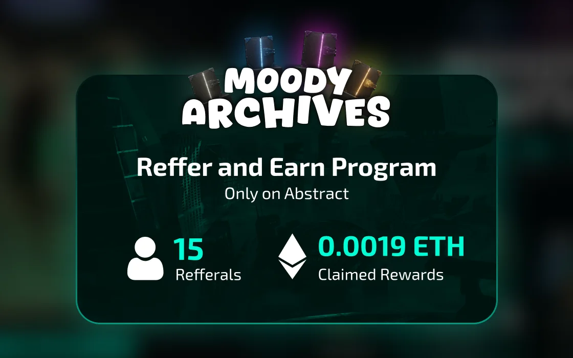The referral panel over the blurred page: the Moody Archives lockup, “Reffer and Earn Program — Only on Abstract”, 15 referrals and 0.0019 ETH in claimed rewards