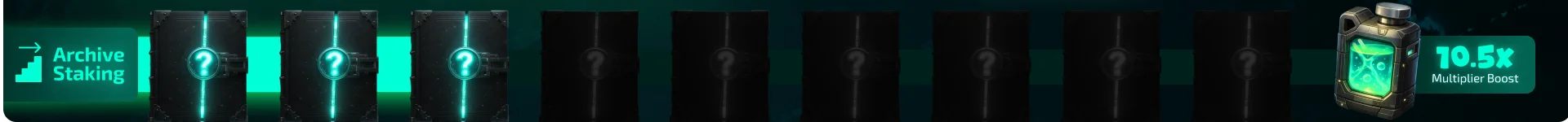 The Archive Staking strip along the foot of the page: three of its ten slots lit, each a sealed Archive with a question mark, and the 10.5x Multiplier Boost badge at its end