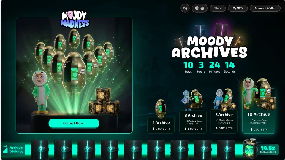 Ten Archives chosen: ten capsules, a character in a penguin suit and three mystery boxes in the hero, and all ten staking slots lit