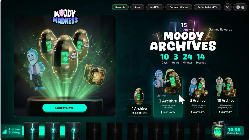 Three Archives chosen: three capsules, a bearded character in a blue jacket and one mystery box in the hero, and three staking slots lit