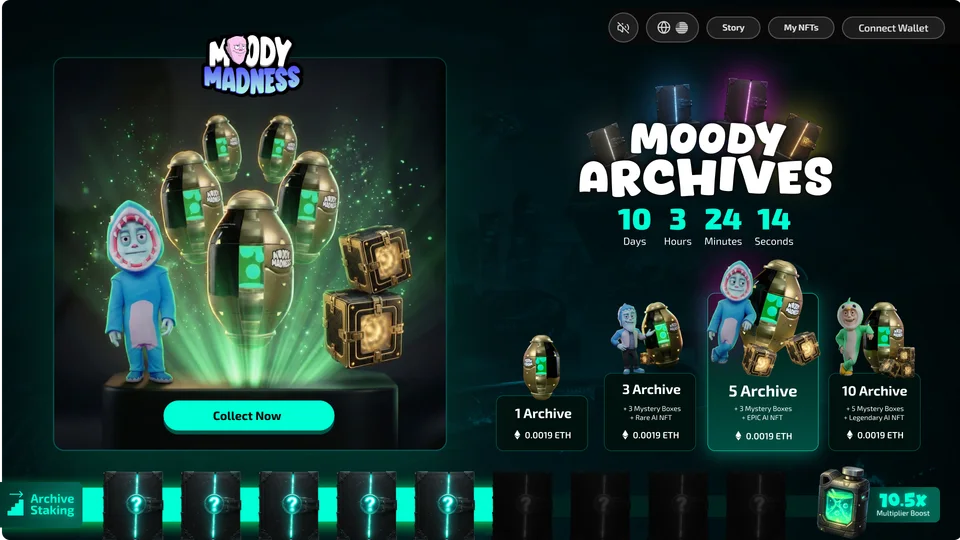 Five Archives chosen: five capsules, a character in a shark hood and two mystery boxes in the hero, and five staking slots lit