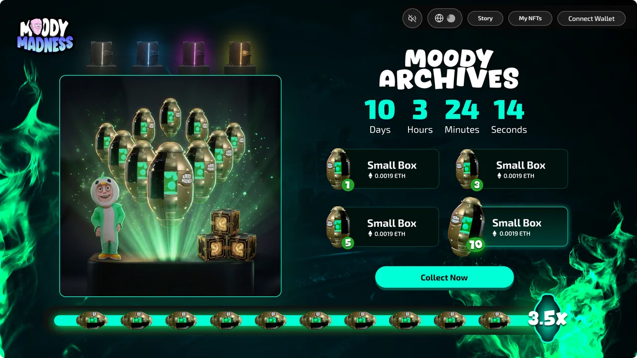 Version 6: the capsules in a hero framed by green flames, the Moody Archives title and countdown, four Small Box cards numbered 1, 3, 5 and 10, Collect Now, and a strip of capsules ending in 3.5x