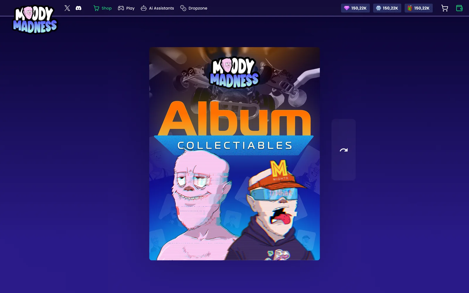 The Madness Album cover: “Album · Collectibles” with two Moody characters, on the platform's night blue