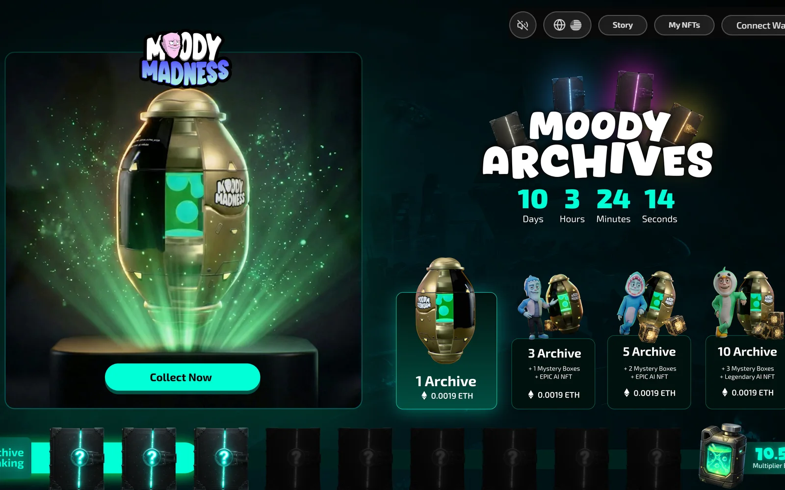 The Moody Archives collect page: a golden capsule over a beam of green light, the title over a countdown, and four bundle cards