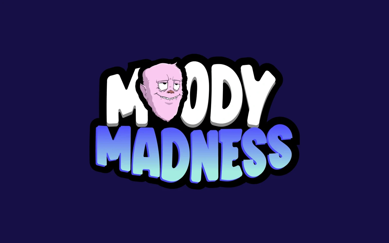 The MoodyMadness logo on the game's night blue: MOODY in white with a pink Moody's head as the O, and MADNESS in a violet-to-mint gradient