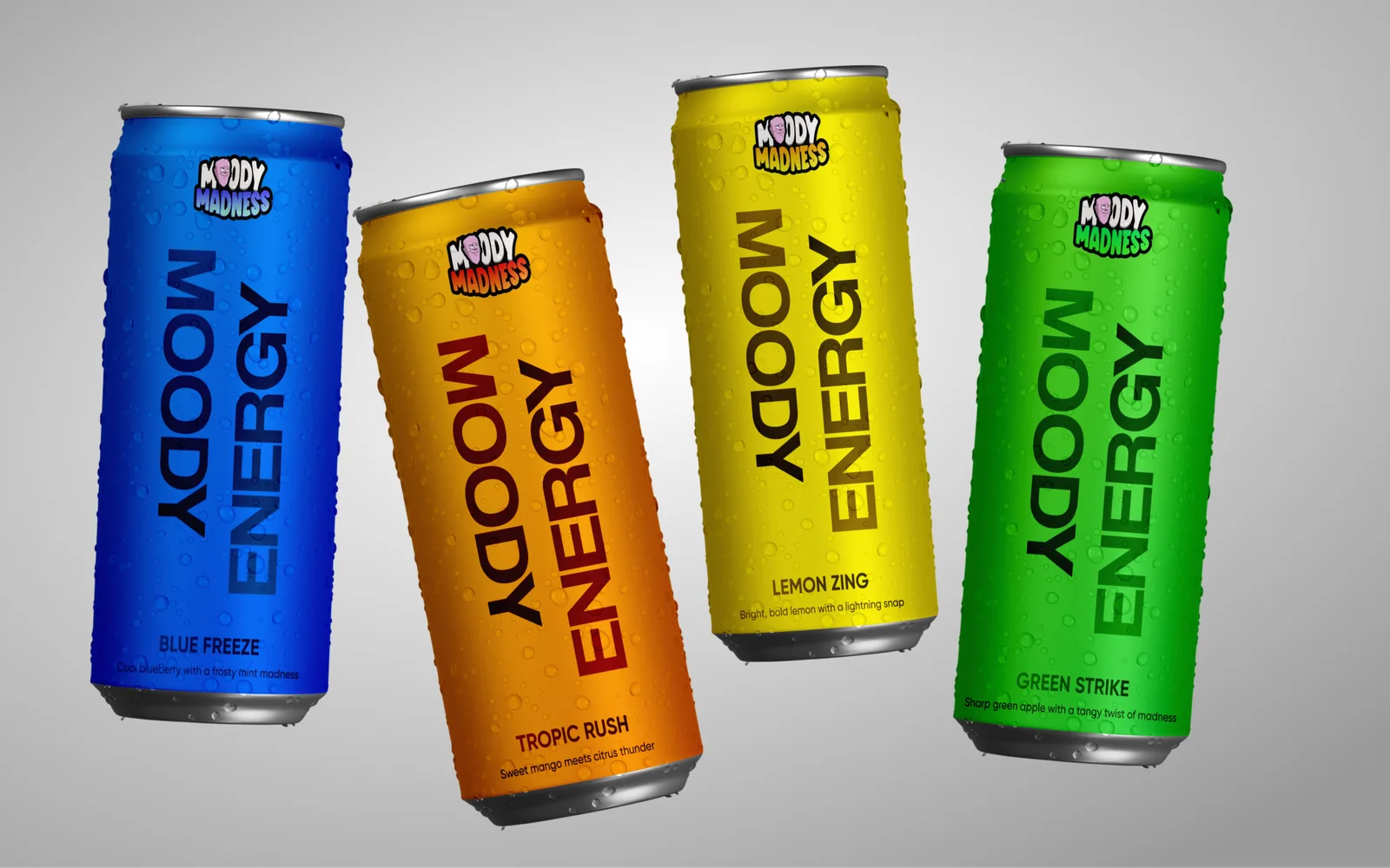 Four Moody Energy cans in a mockup — blue, orange, yellow and green — with the MOODY ENERGY name running up each can