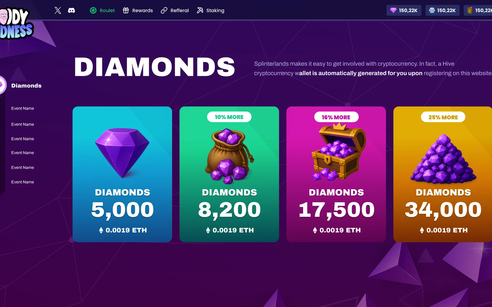 The Diamonds page: four packs from 5,000 to 34,000 diamonds, each priced in ETH