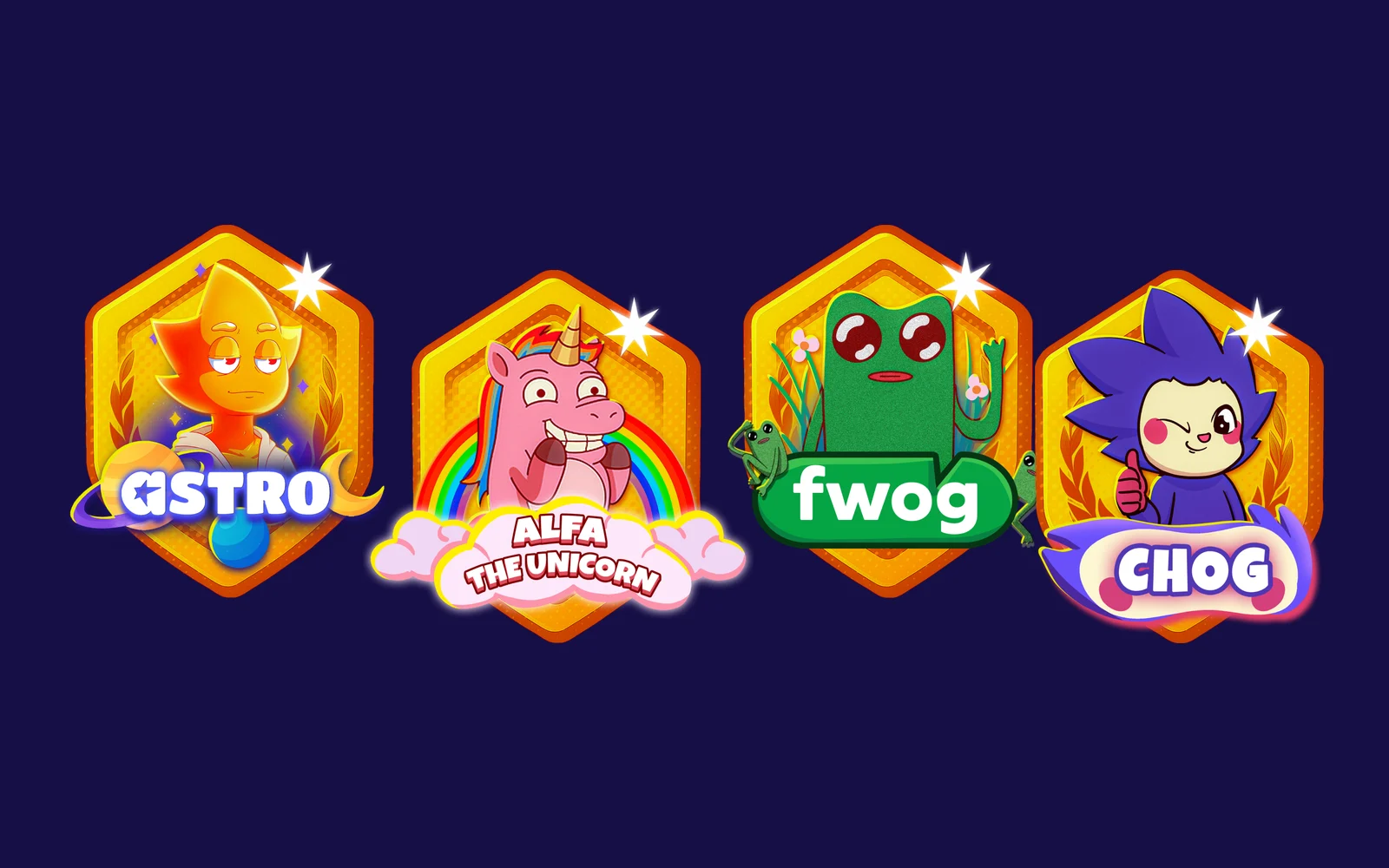 Four partner badges in the same golden hexagon: AstroVerse, Alfa the Unicorn, Fwog and Chog, each mascot over its own wordmark