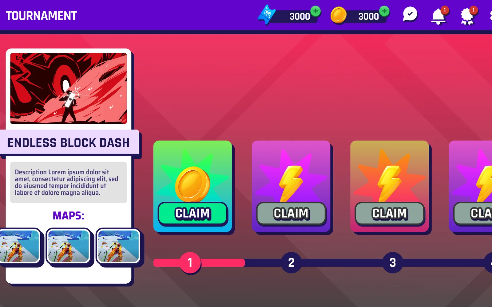 An in-game tournament screen: Endless Block Dash with its maps, and reward cards to claim along a four-step track