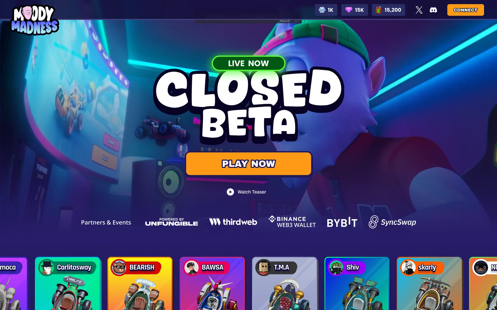 The MoodyMadness homepage during the closed beta: a LIVE NOW tag, the Closed Beta title, a Play Now button, the partners and a strip of kart cards