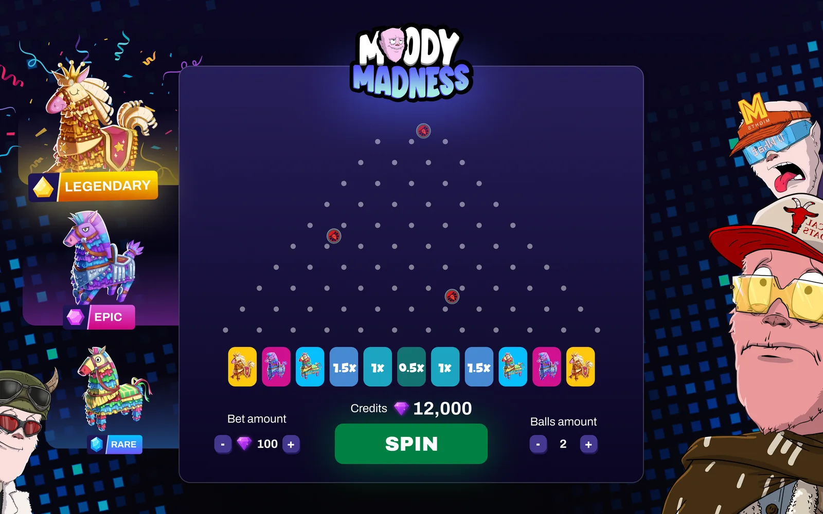 The Plinko game: a peg board over multiplier slots, bet and ball controls and a Spin button, between legendary and epic prizes