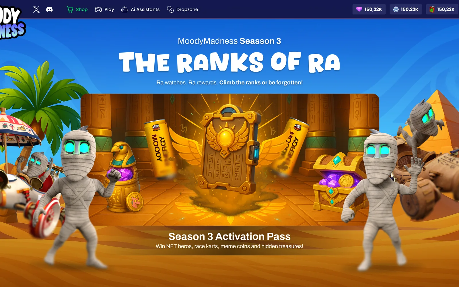 The Season 3 activation page, The Ranks of Ra: a golden pass tablet in an Egyptian temple between two mummies, with a treasure chest and a palm