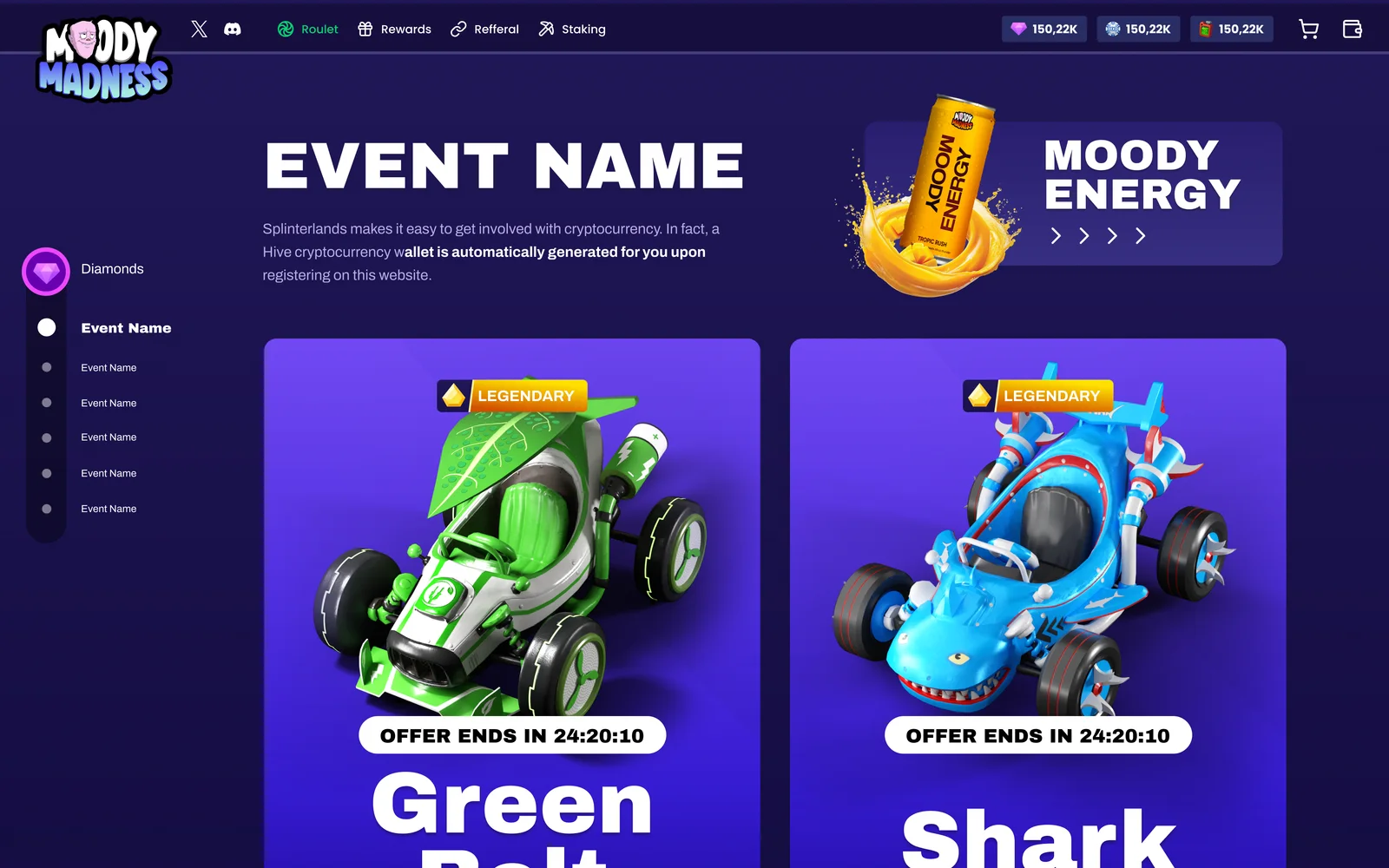 The shop: an event offer with the Moody Energy can, and two legendary karts, Green Bolt and Shark, each with a countdown and an ETH price