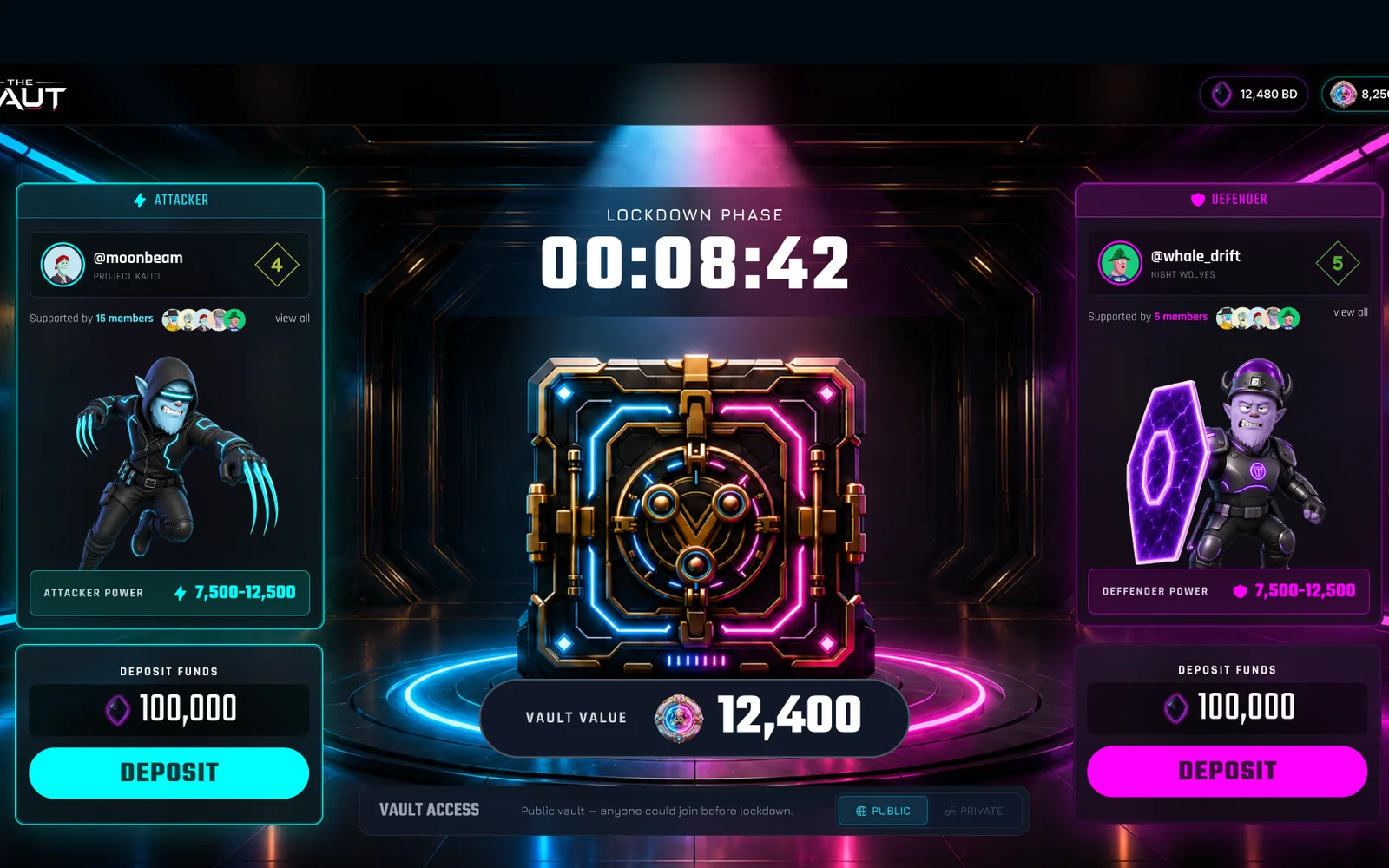 A heist in The Vault: the attacker in cyan and the defender in magenta on either side of a neon vault, under the lockdown countdown