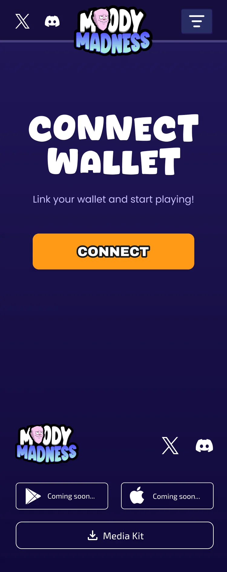 The connect page at 375: the logo, “Connect Wallet — Link your wallet and start playing!”, an orange Connect button, and the footer