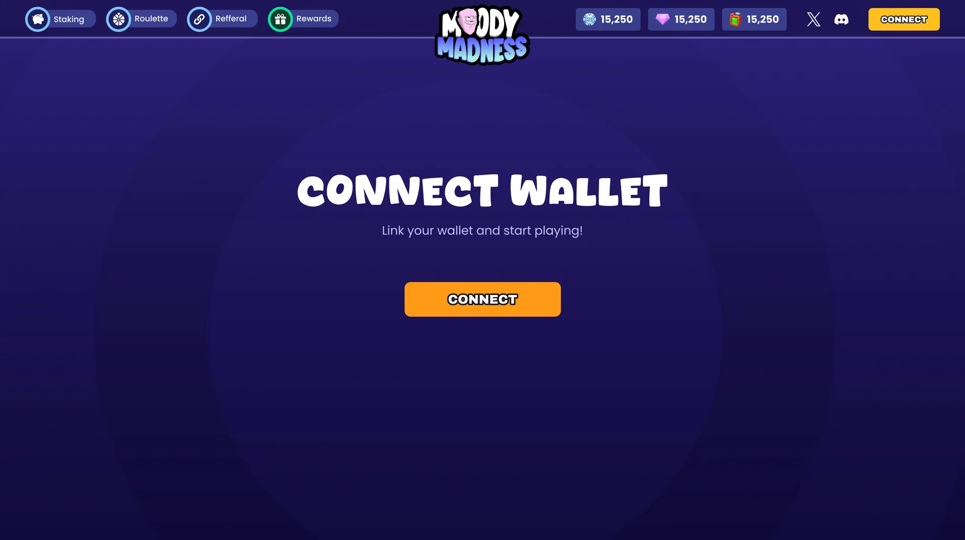 The connect page: “Connect Wallet — Link your wallet and start playing!” with one orange Connect button, under a top bar with Roulette, Referral, Rewards and Staking and the orange Connect button