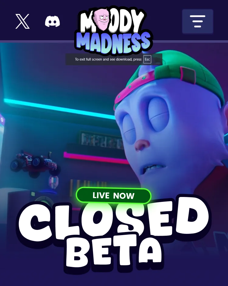The MoodyMadness homepage during the closed beta: a LIVE NOW tag over the Closed Beta title, an orange Play Now button and a teaser link, the partners in a row, and a strip of creators' kart cards