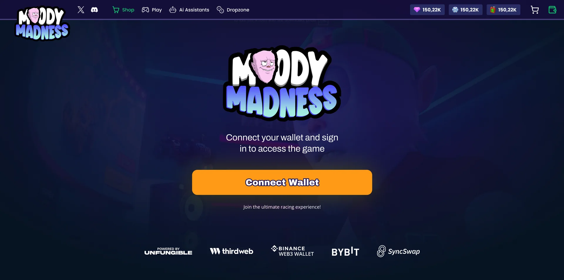 The homepage before sign-in: “Connect your wallet and sign in to access the game” with a Connect Wallet button and “Join the ultimate racing experience!”, over the game's scene, under the top bar with balances