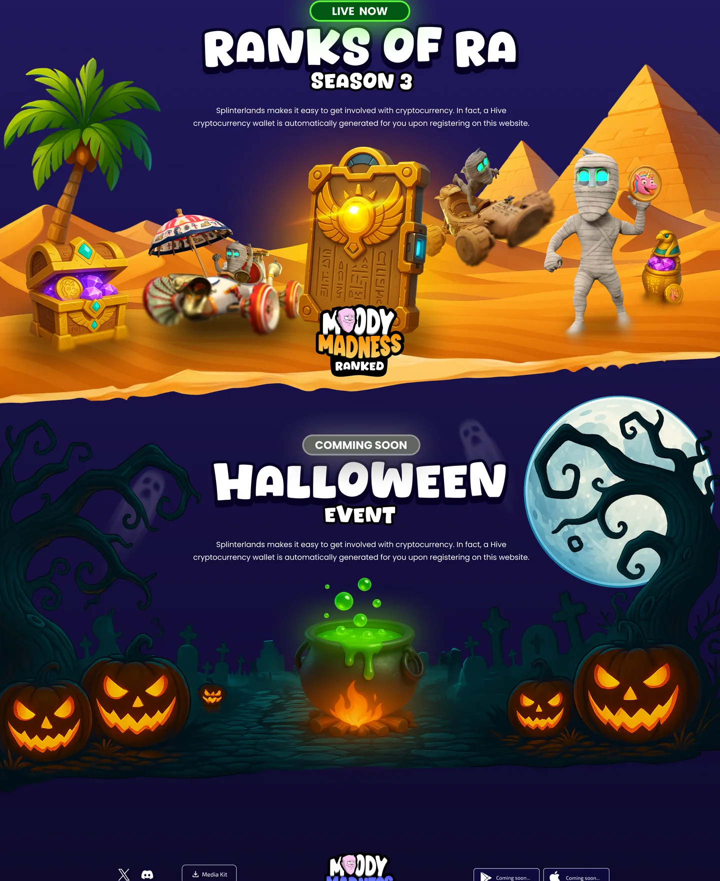 Two event bands on the homepage: Ranks of Ra Season 3 with a LIVE NOW tag, over a desert with pyramids, a treasure chest, karts and a mummy; then the Halloween event with a COMING SOON tag, over a moonlit graveyard with a cauldron and pumpkins