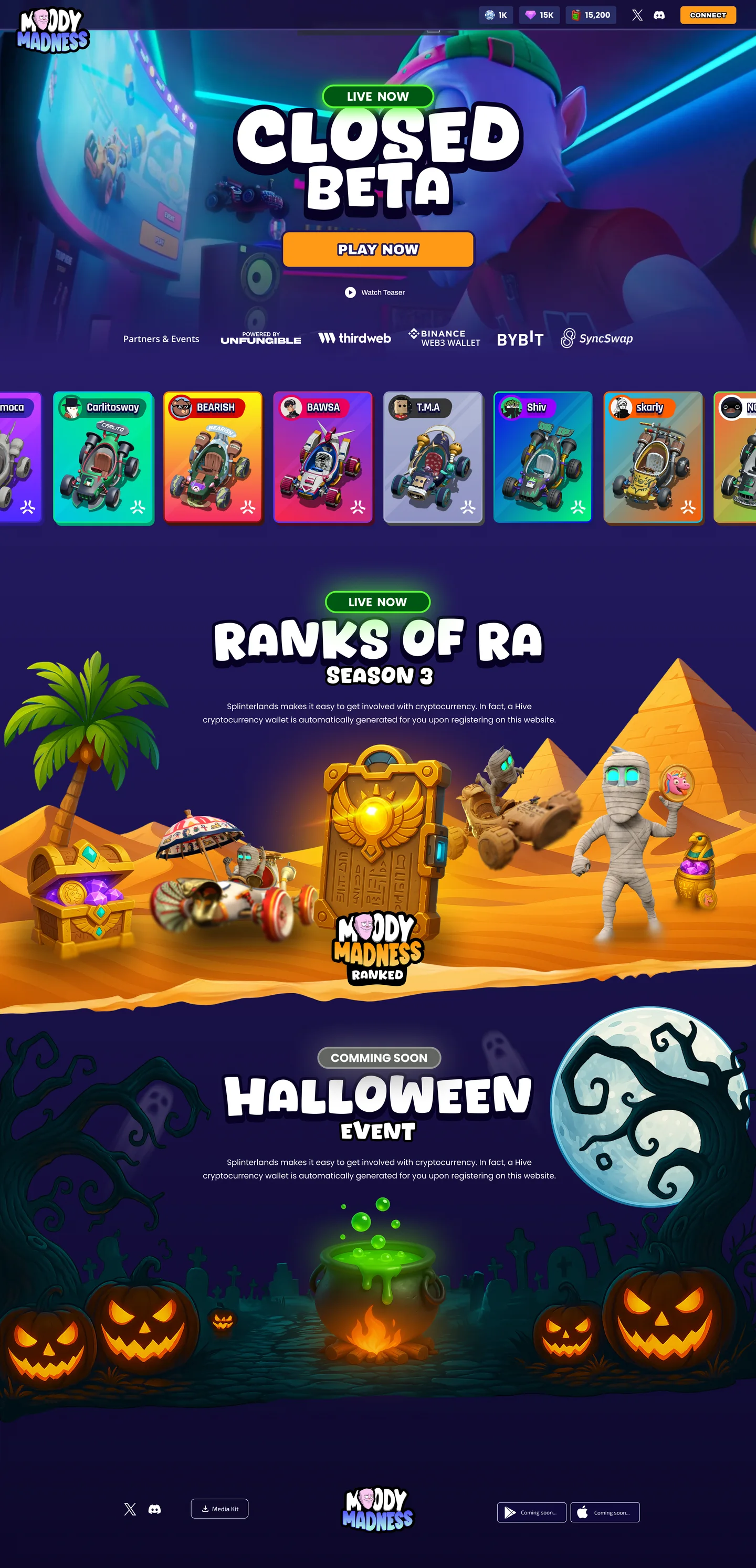 The live-events homepage end to end: Closed Beta with Play Now, the partners row and the creators' karts, Ranks of Ra Season 3 in the desert, the Halloween event, and the footer