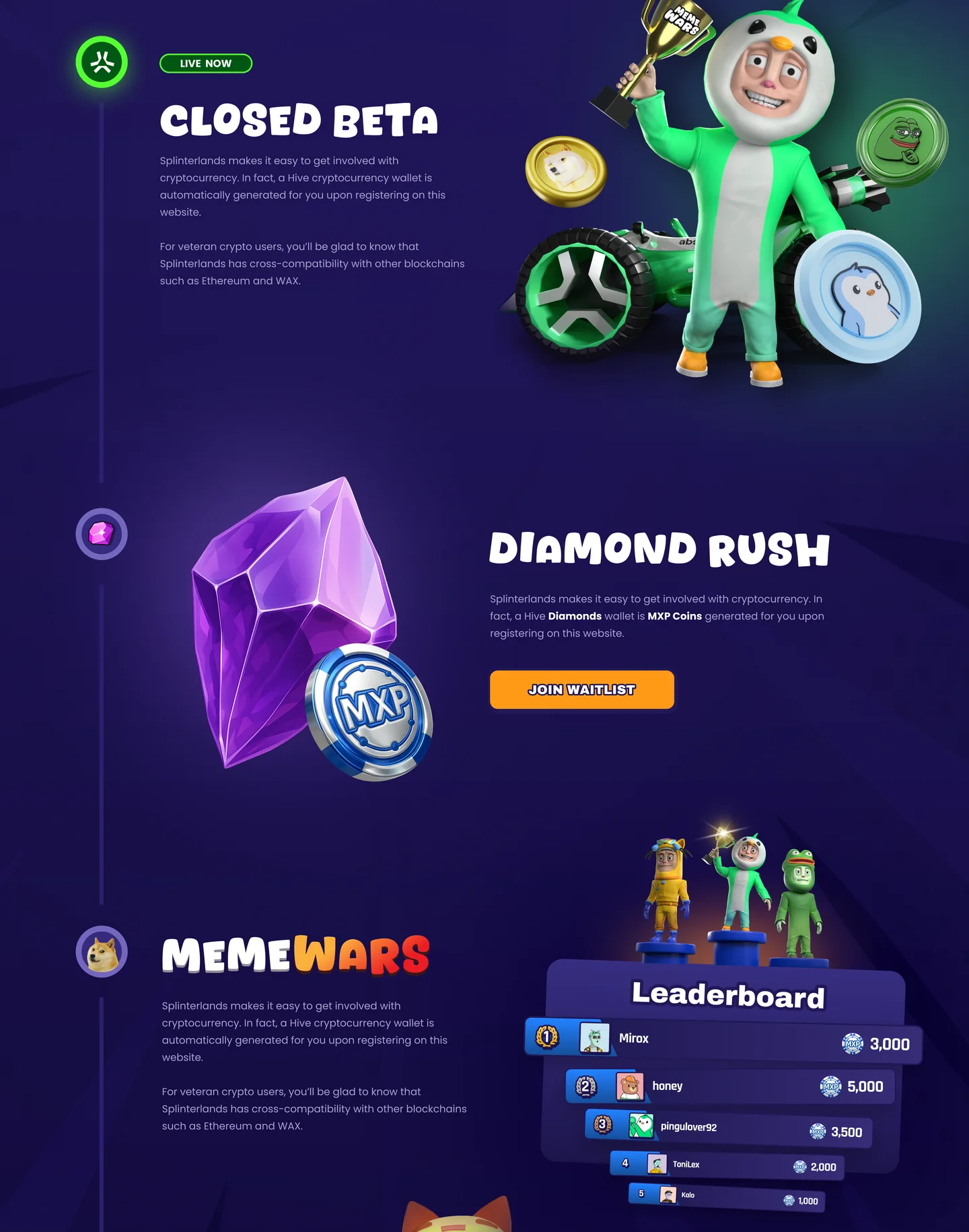 The path version of the homepage: a vertical line with a node for each part of the season — Closed Beta with a character holding a trophy beside a kart, Diamond Rush with a diamond and an MXP coin and a Join Waitlist button, and Meme Wars with a top-five leaderboard on a podium
