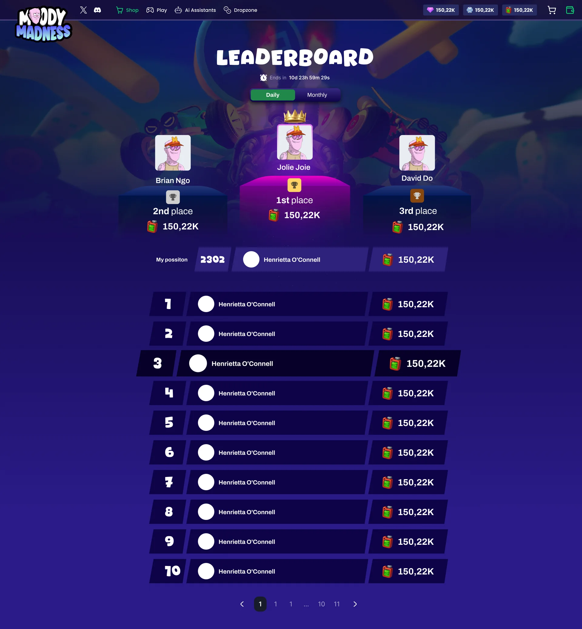 The leaderboard: a podium for first, second and third with their scores, daily and monthly tabs, a countdown, the player's own position on a highlighted row, and a ranked table with pagination