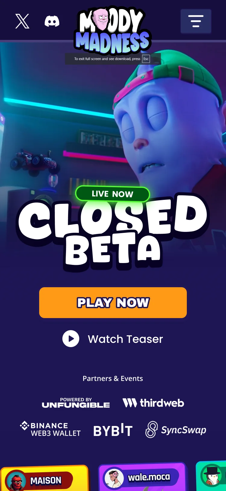 The homepage at 375: the logo and menu, a LIVE NOW tag, the Closed Beta title over a character, the Play Now button, the teaser link, the partners, and the first kart cards