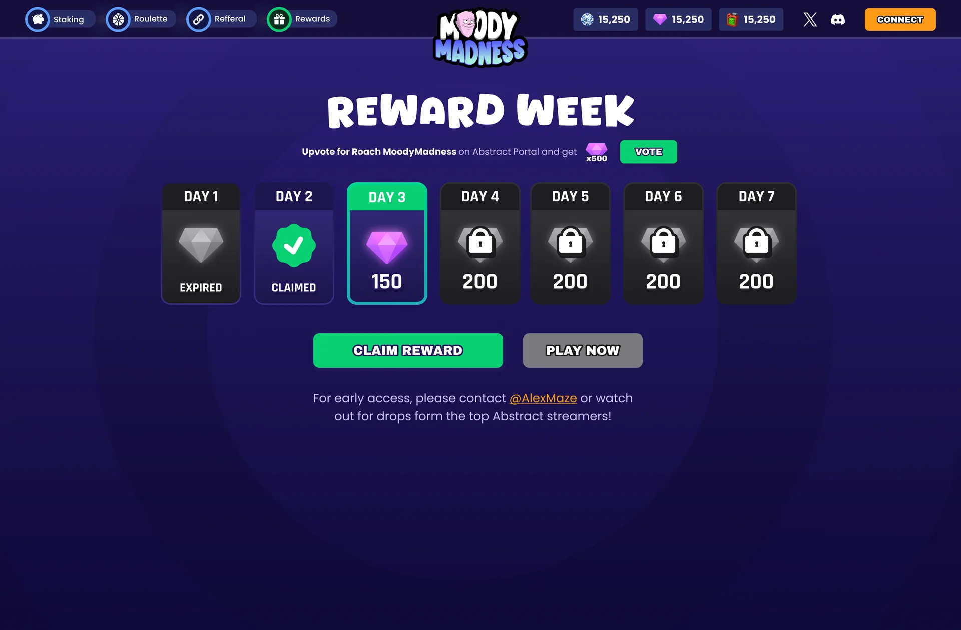 Reward Week without early access: a banner offering 500 diamonds for an upvote on the Abstract Portal, seven day cards with their diamond rewards, claimed and expired states, Claim Reward and Play Now buttons, and a note to contact the team or watch for streamers' drops for early access