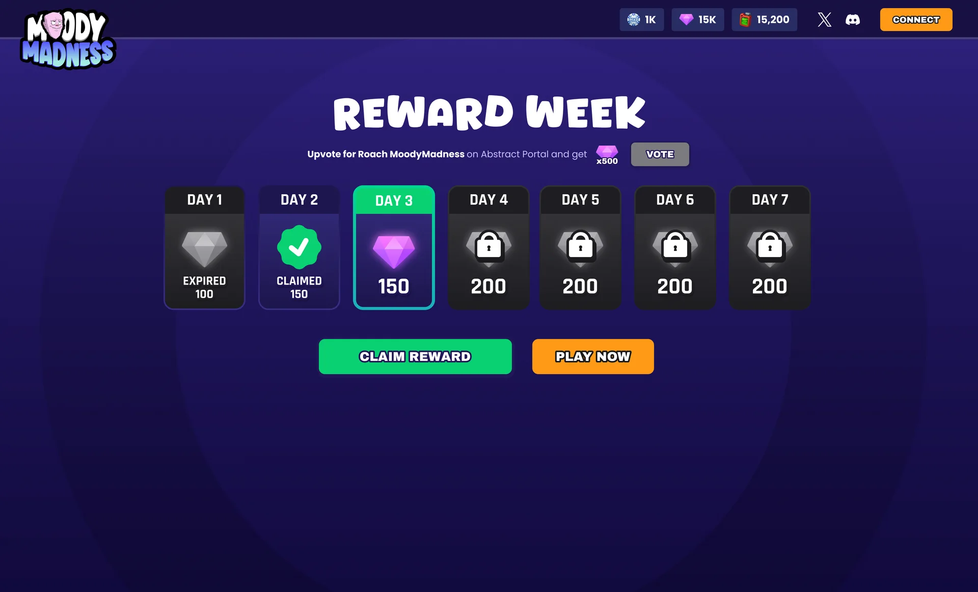 Reward Week with early access: the same seven day cards with claimed and expired days marked, and the Claim Reward and Play Now buttons