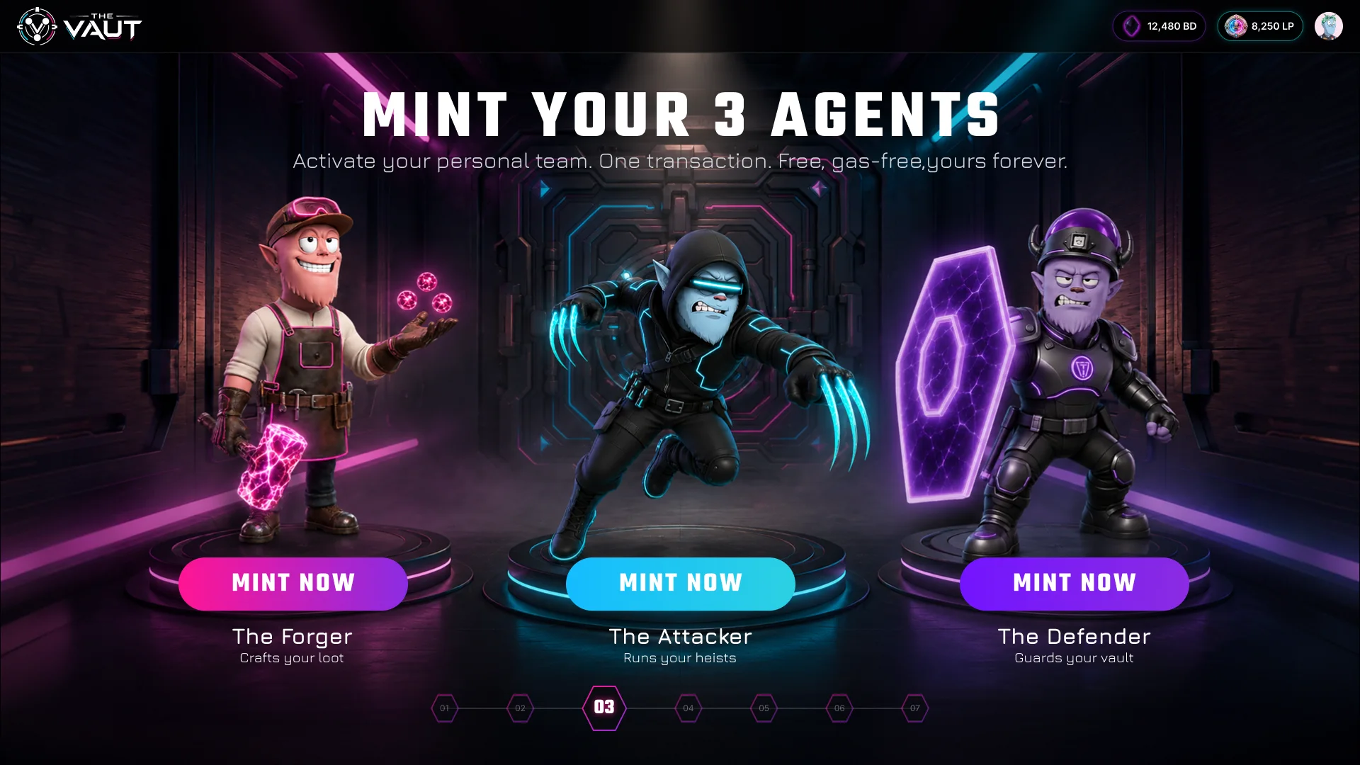 Mint your 3 agents: the Forger, the Attacker and the Defender on three lit pedestals, each with a Mint Now button, under “Activate your personal team. One transaction. Free, gas-free, yours forever.”