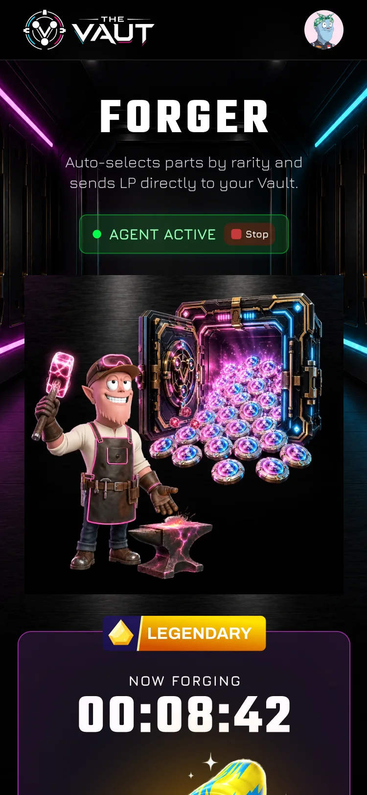 The Forger at 375: the title, Agent Active with Stop, the Forger beside the open vault, and the legendary part now forging with its countdown