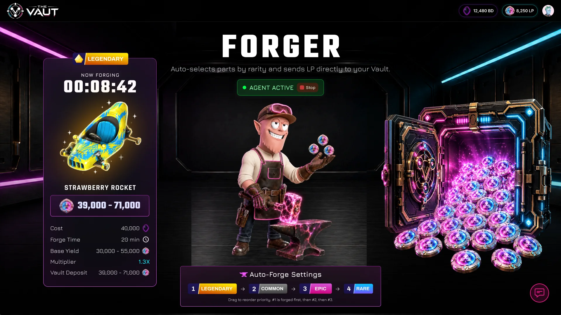 The Forger: “Auto-selects parts by rarity and sends LP directly to your Vault”, an Agent Active badge with a Stop button, a legendary Strawberry Rocket now forging with its countdown, cost, forge time, base yield, 1.3x multiplier and vault deposit, the Forger at his anvil, an open vault full of Loot Point coins, and Auto-Forge Settings ranking Legendary, Common, Epic and Rare, to drag into order