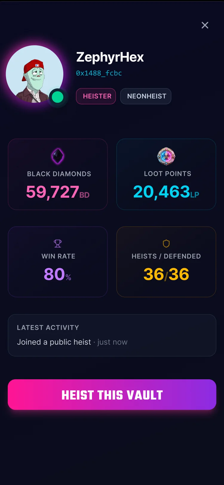 The vault card at 375: ZephyrHex, their Black Diamonds and Loot Points, win rate, heists and defences, the latest activity, and Heist This Vault