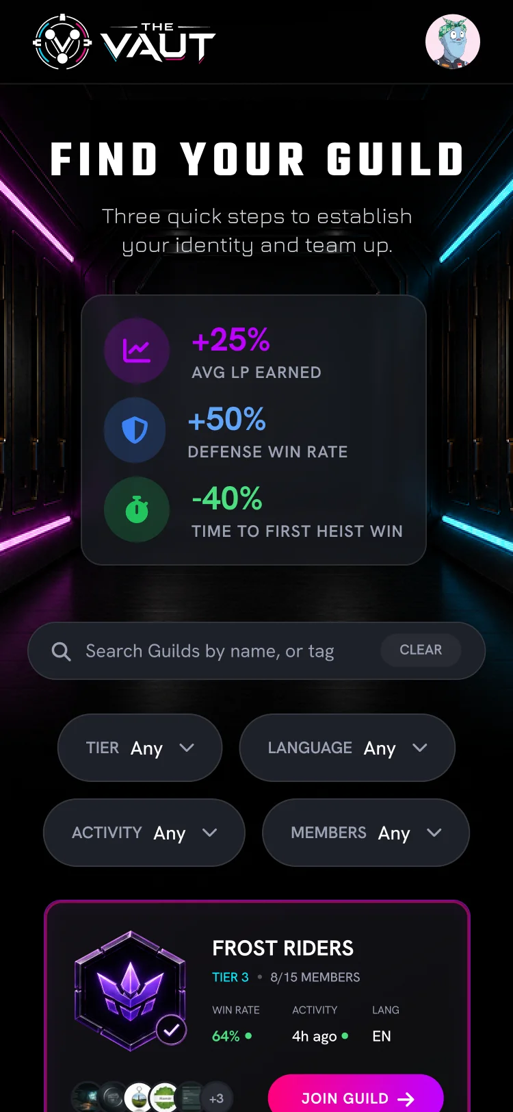 Find Your Guild at 375: the three numbers, the search and filters, and the first guild cards