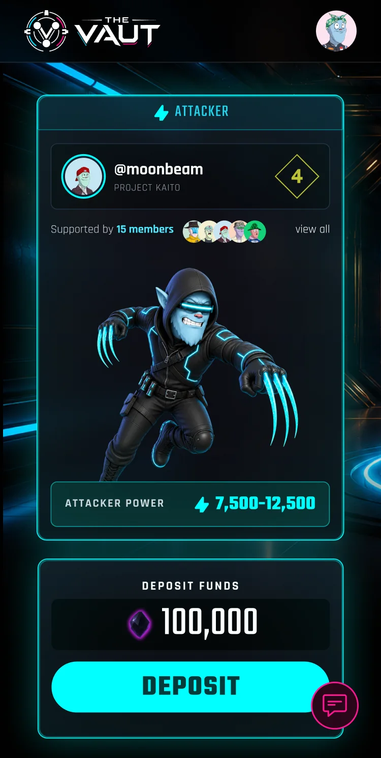 The attacker's side at 375: the attacker's card with their power, and Deposit Funds with its Deposit button