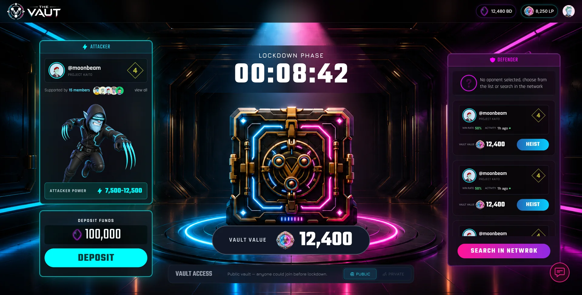 Before a target is chosen: the right-hand side reads “No opponent selected, choose from the list or search in the network”, over a list of vaults to heist and a Search in Network button