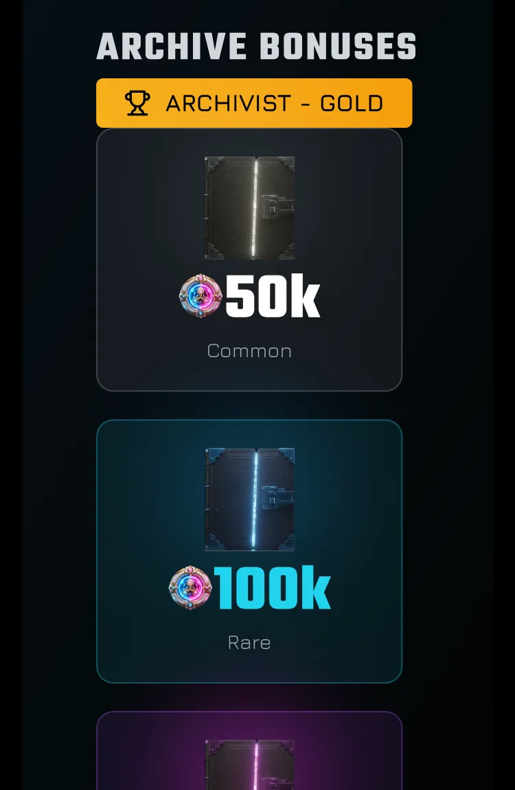 The profile's Archive Bonuses at 375: the Archivist Gold badge over the Common, Rare and Epic Archives, at 50k, 100k and 150k
