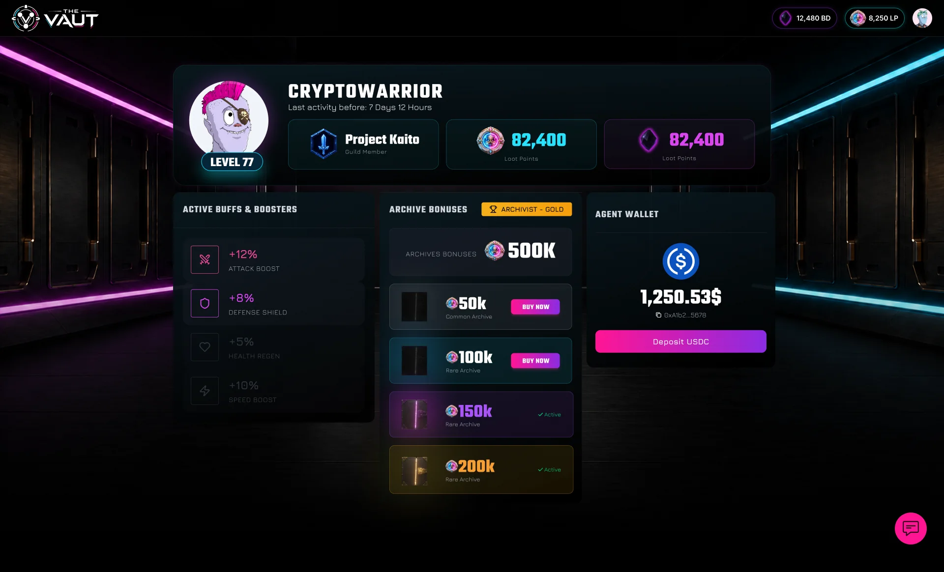 A player's profile, CryptoWarrior at level 77: the guild and two balance cards, active buffs and boosters, Archive Bonuses with an Archivist Gold badge — Common, Rare, Epic and Legendary Archives from 50k to 200k, the held ones marked active and the rest with Buy Now — and the agent wallet with its USDC balance and Deposit USDC