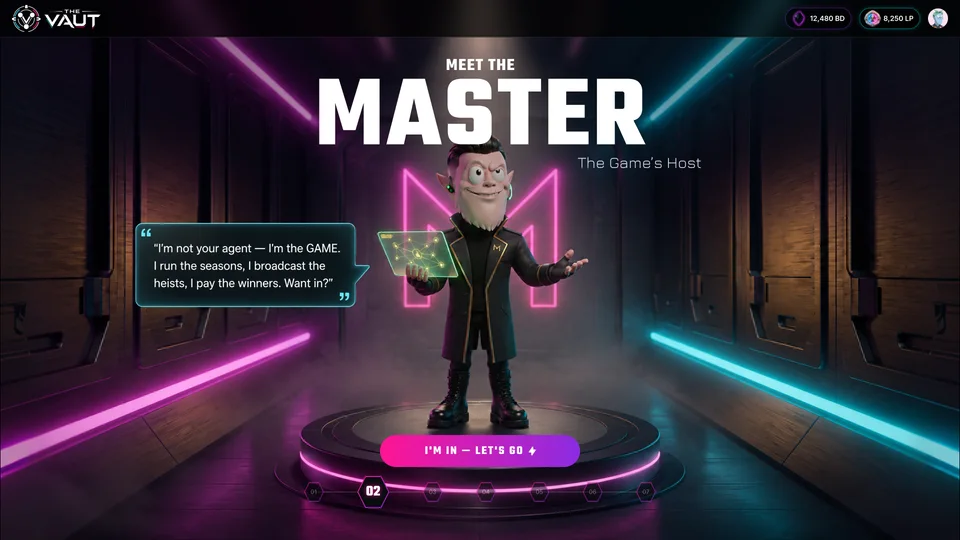 Step 02: Meet the Master, the game's host — a character in a black coat in front of a neon M, saying “I'm not your agent — I'm the GAME. I run the seasons, I broadcast the heists, I pay the winners. Want in?”